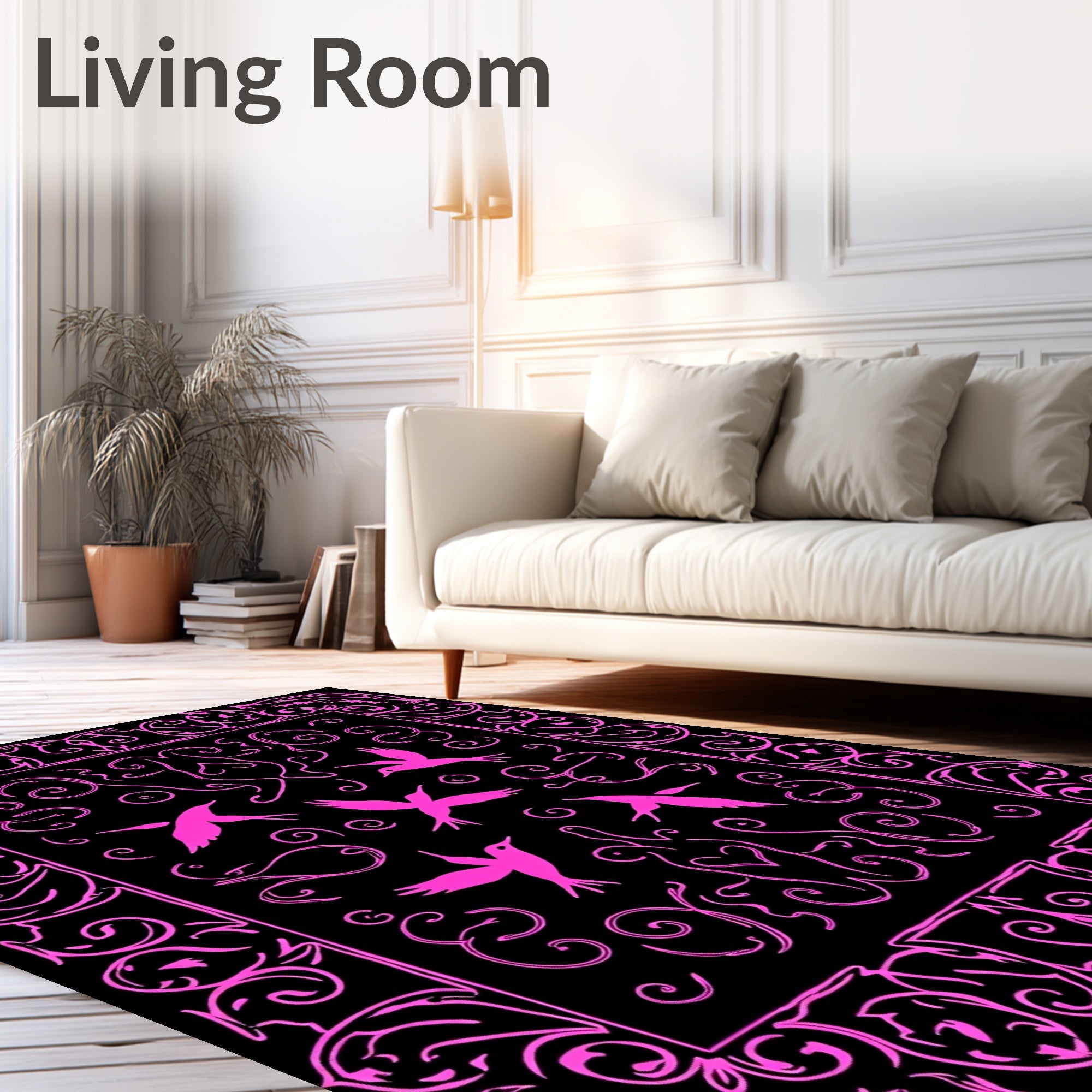Pink Birds Floral Scrollwork Medallion Rug
