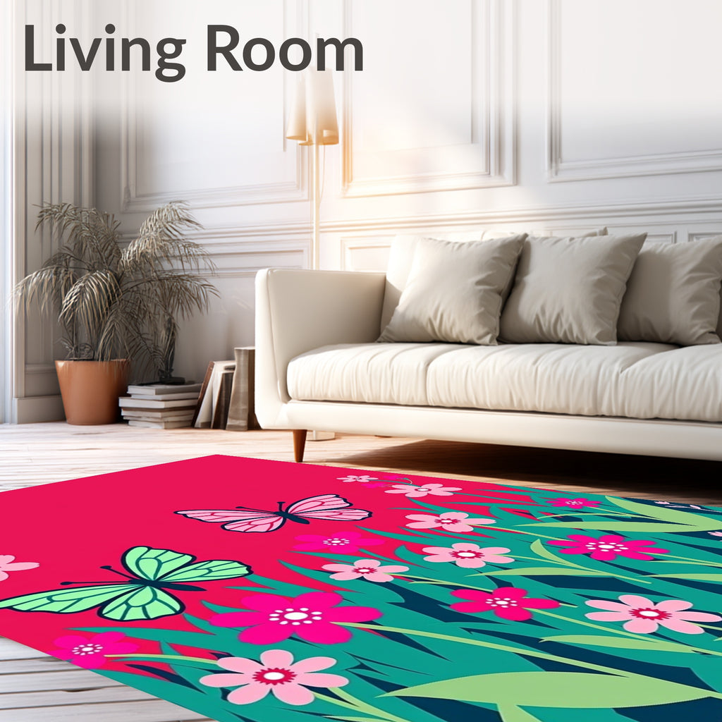 Bright Pink Butterfly Garden Meadow Rug