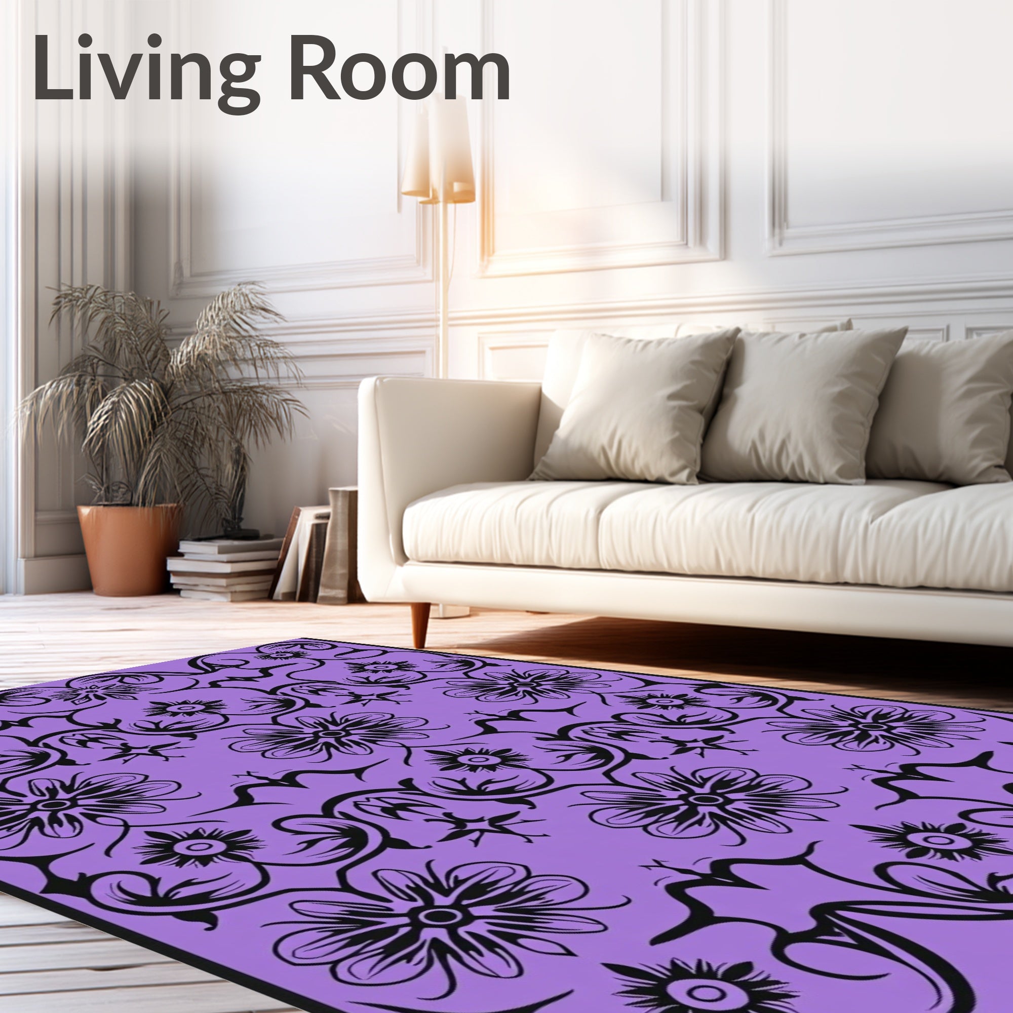 Orchid Black Floral Vine Scroll Rug