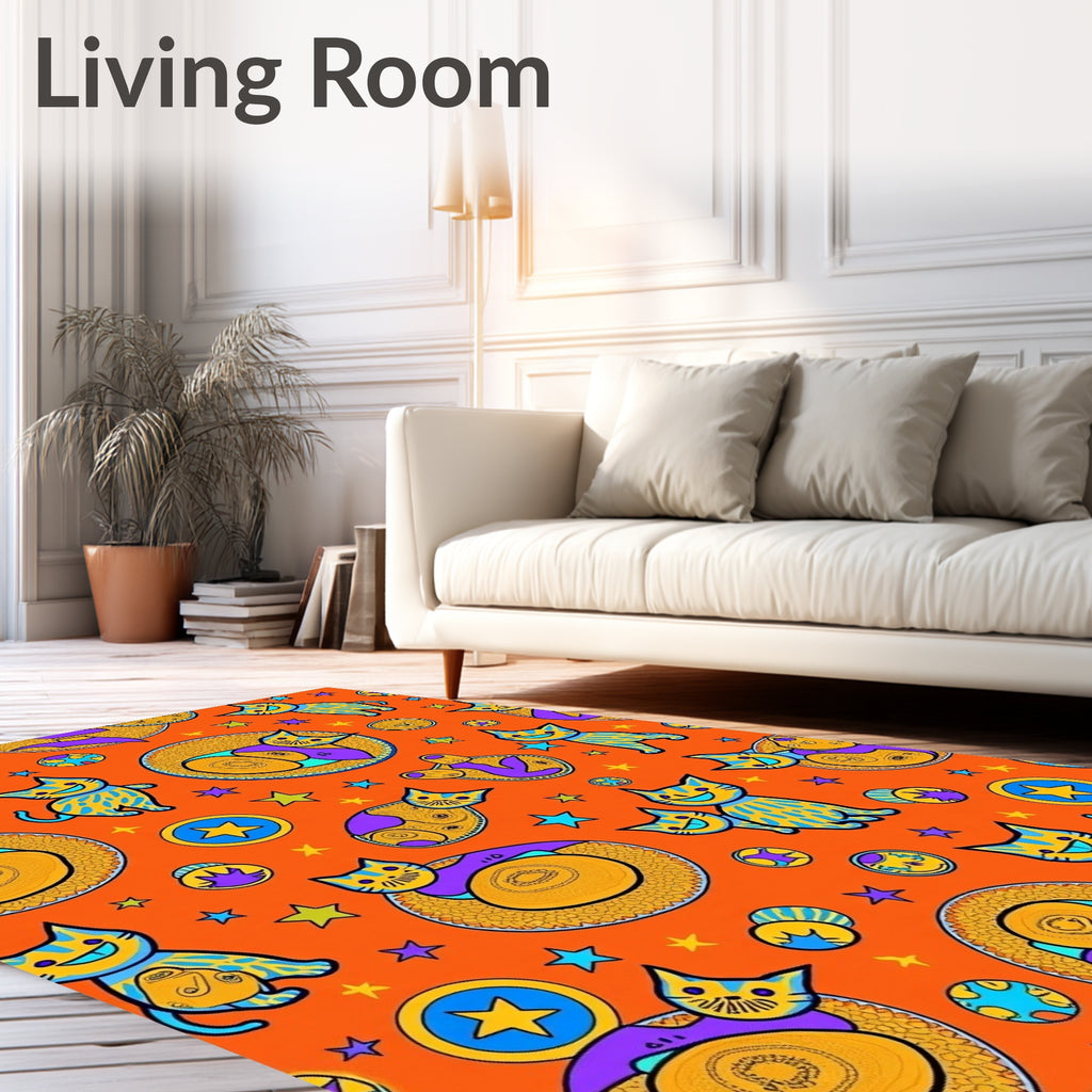 Whimsical Blue Yellow Cats Stars Rug