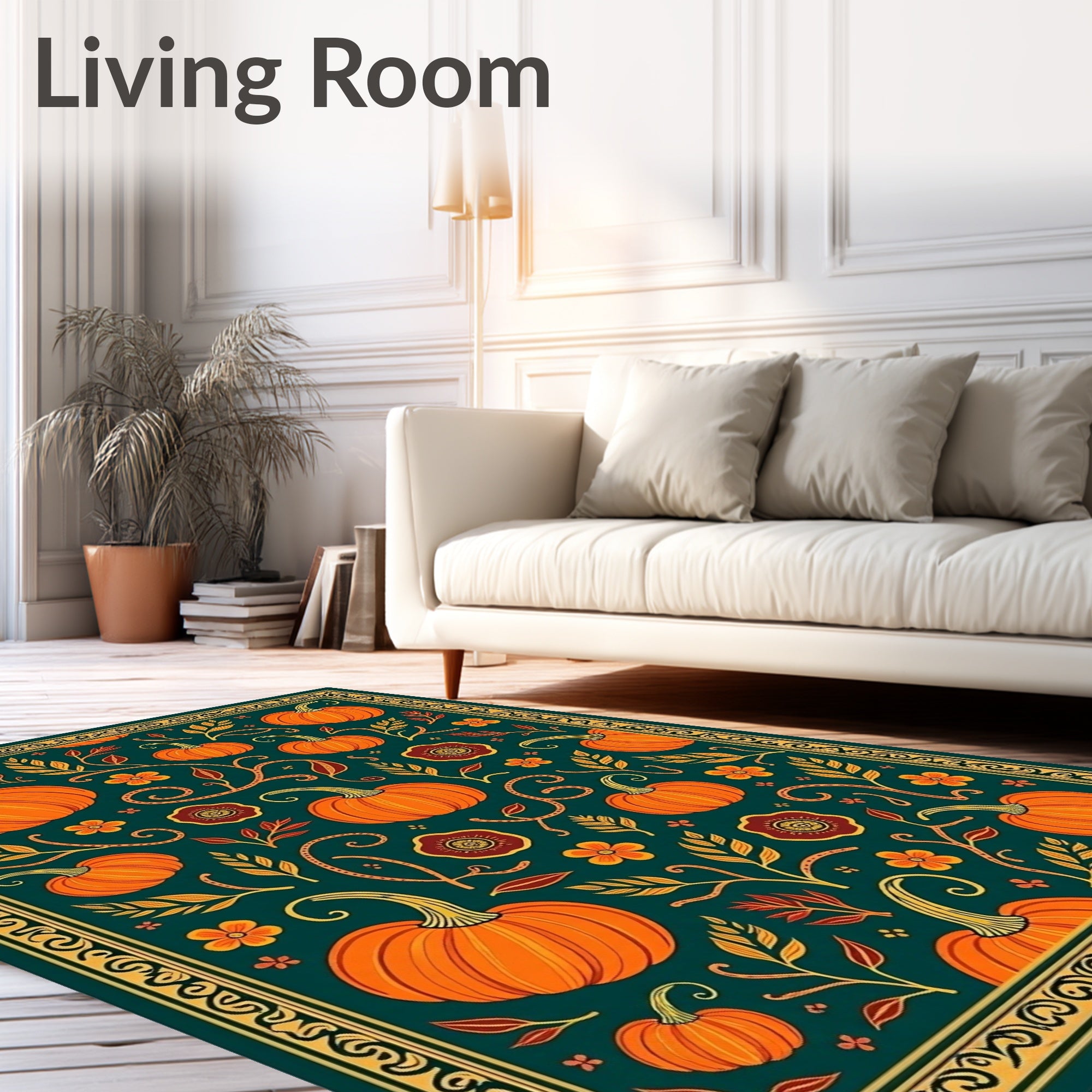 Autumn Harvest Pumpkin Floral Border Rug