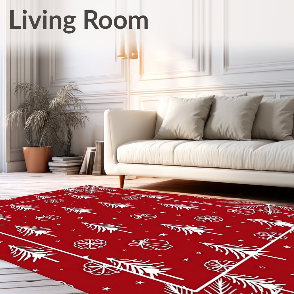 Red White Christmas Tree Gift Snowflakes Rug