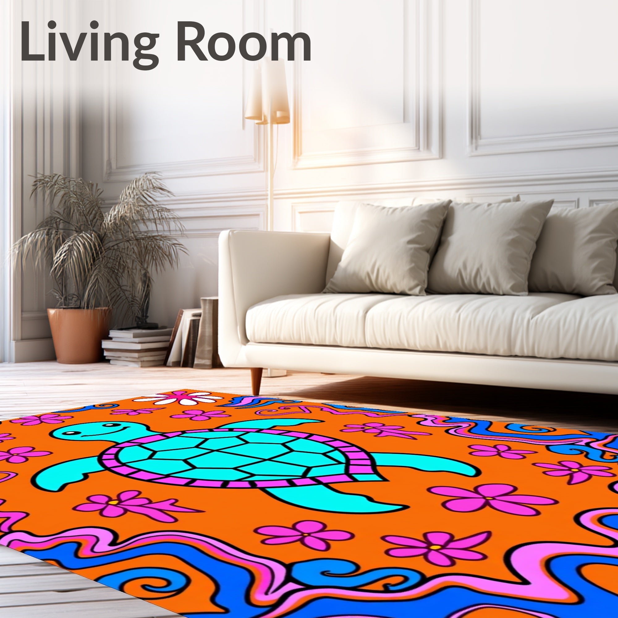 Groovy Teal Turtle Flower Power Rug