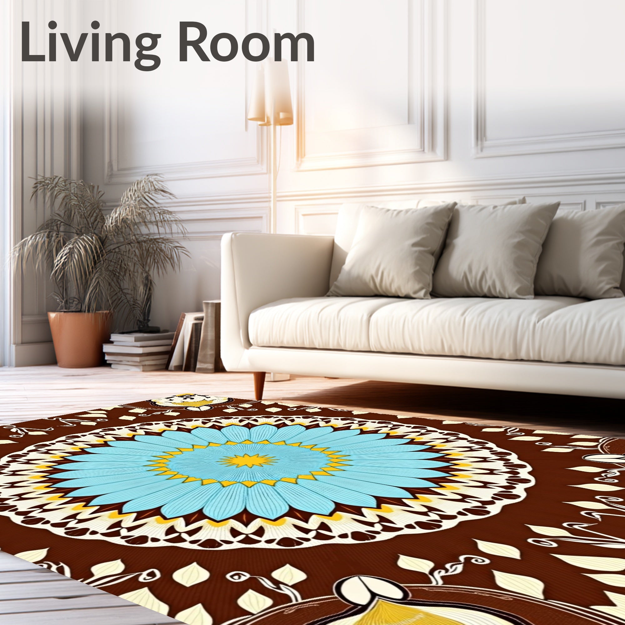 Vibrant Blue Yellow Sunburst Mandala Rug