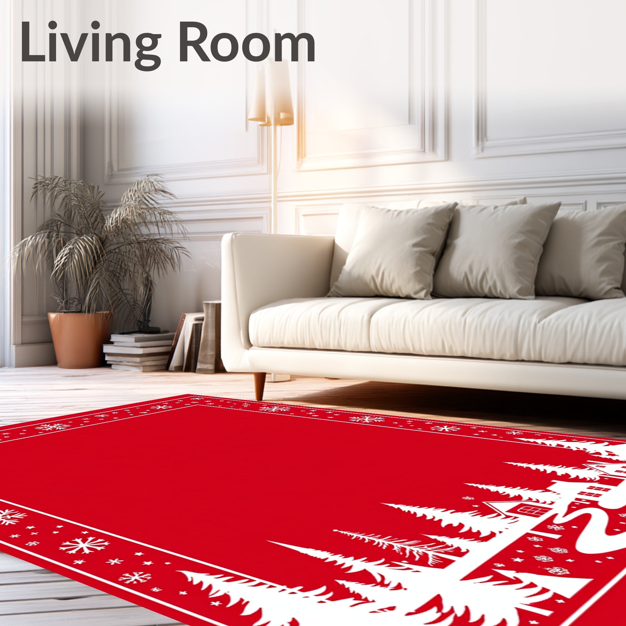 Red Snowy Village Snowflake Border Rug