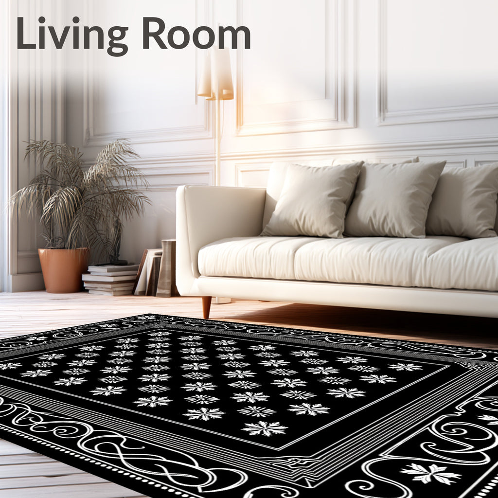 Classic Black White Floral Border Rug