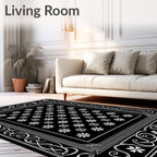 Classic Black White Floral Border Rug