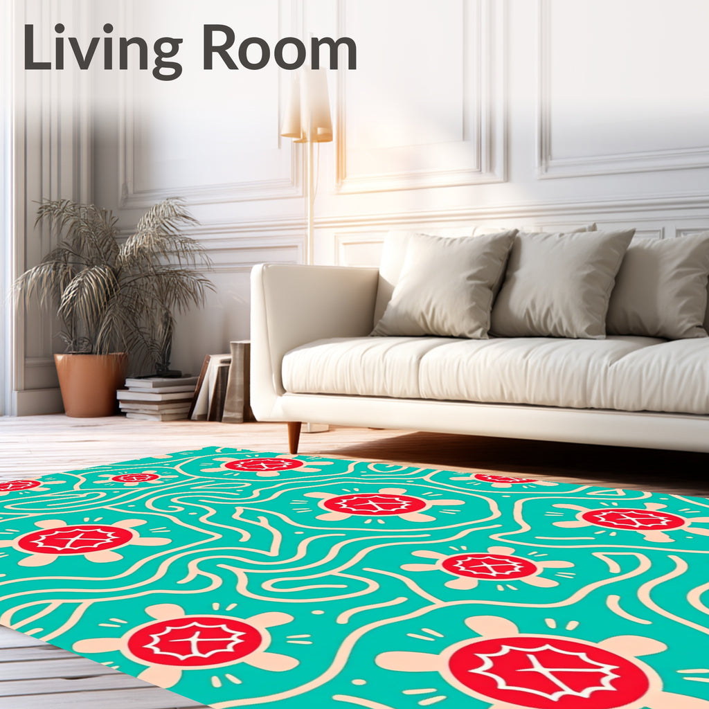 Teal Red Floral Turtle Abstract Rug