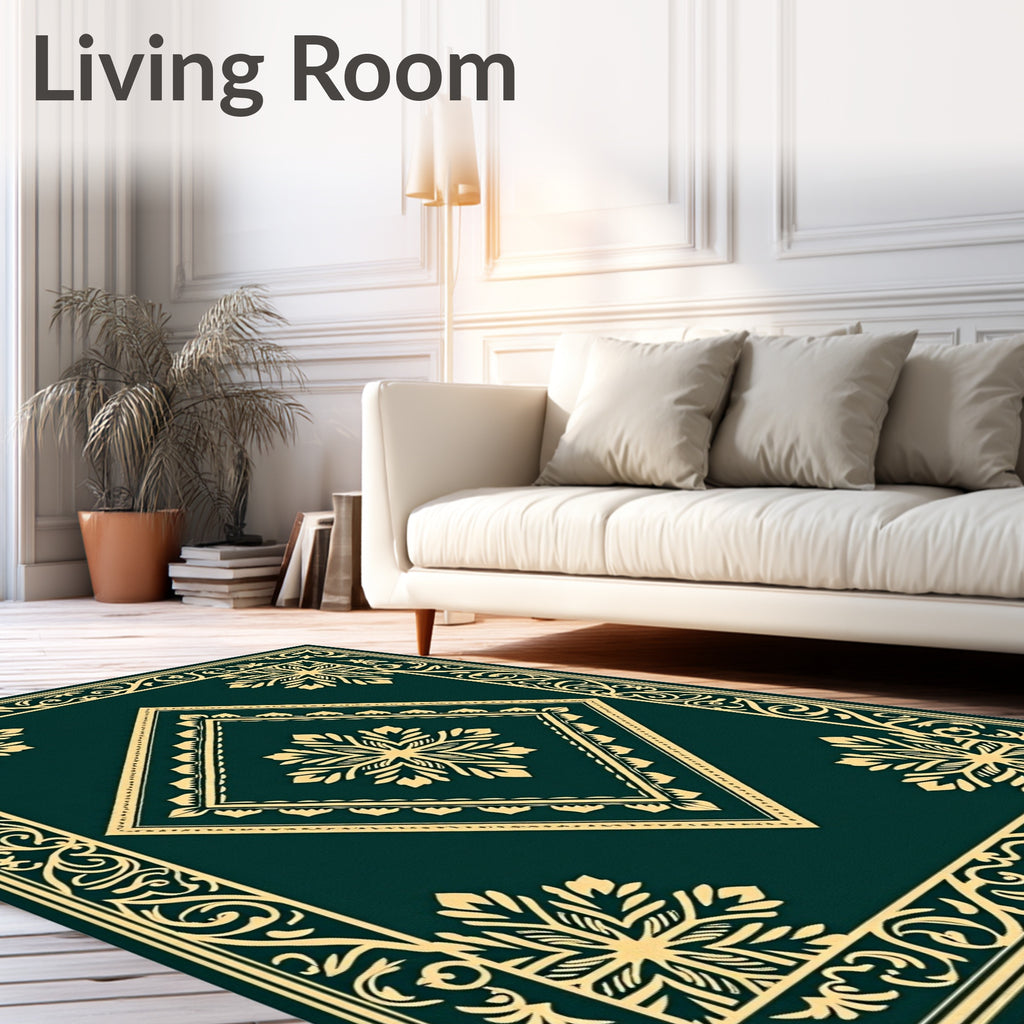 Deep Emerald Gold Scrollwork Medallion Rug