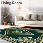 Deep Emerald Gold Scrollwork Medallion Rug