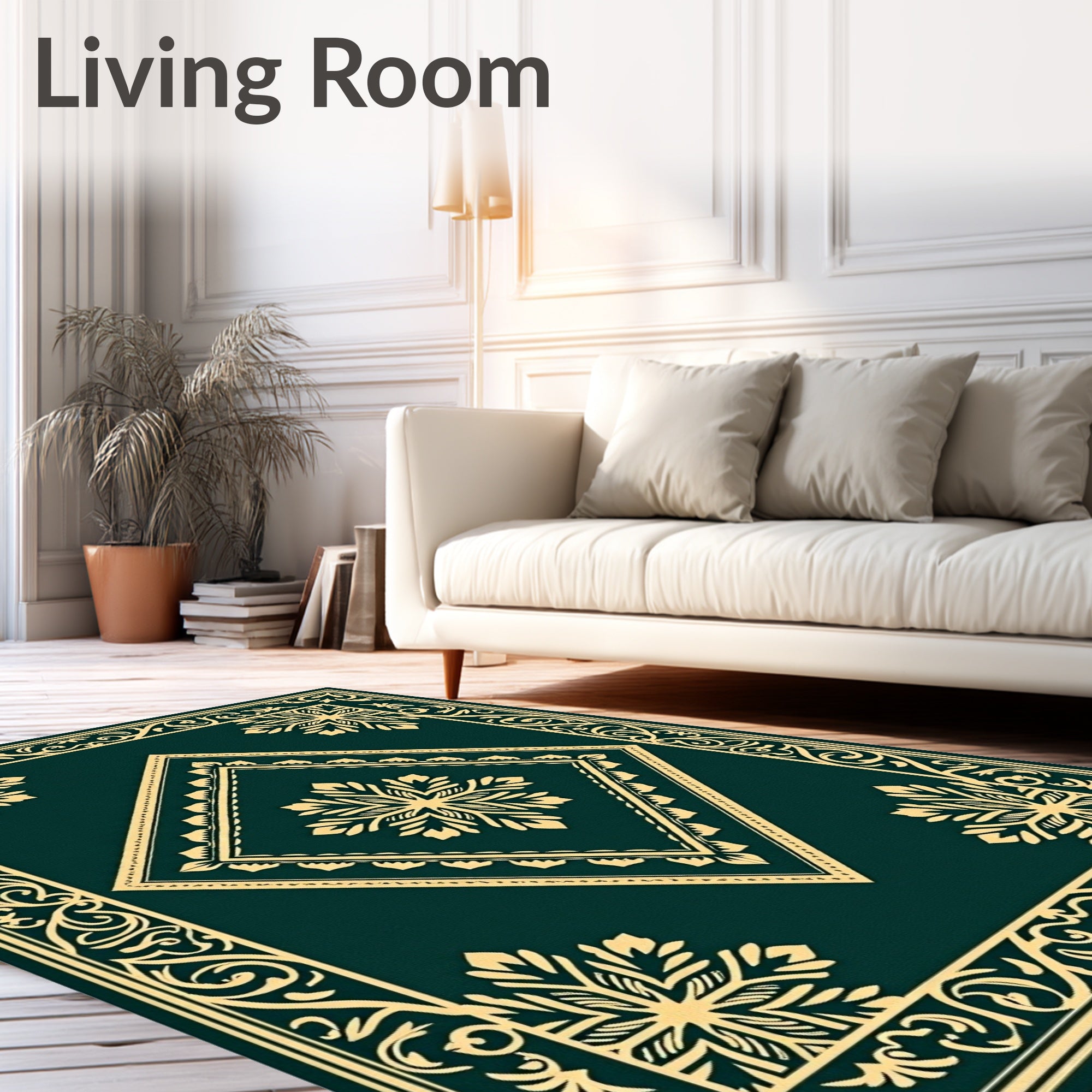 Deep Emerald Gold Scrollwork Medallion Rug