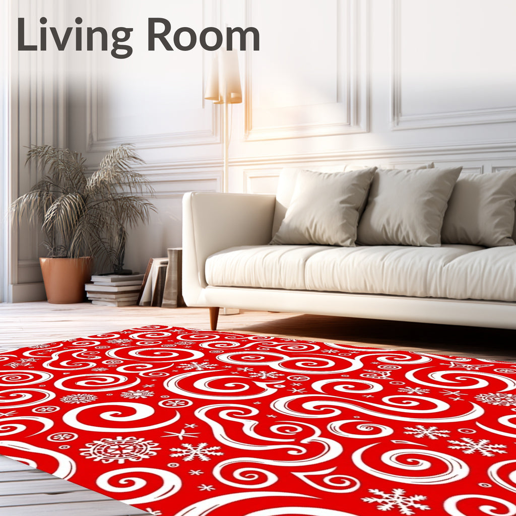 Red White Snowflakes Swirls Rug