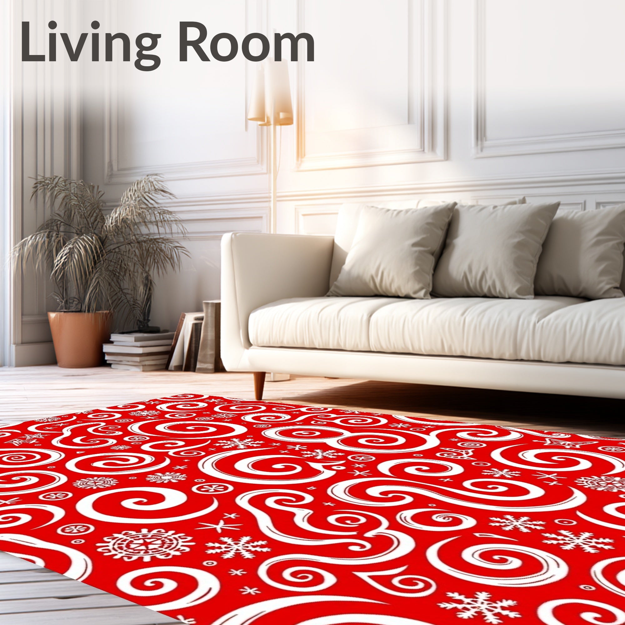 Red White Snowflakes Swirls Rug