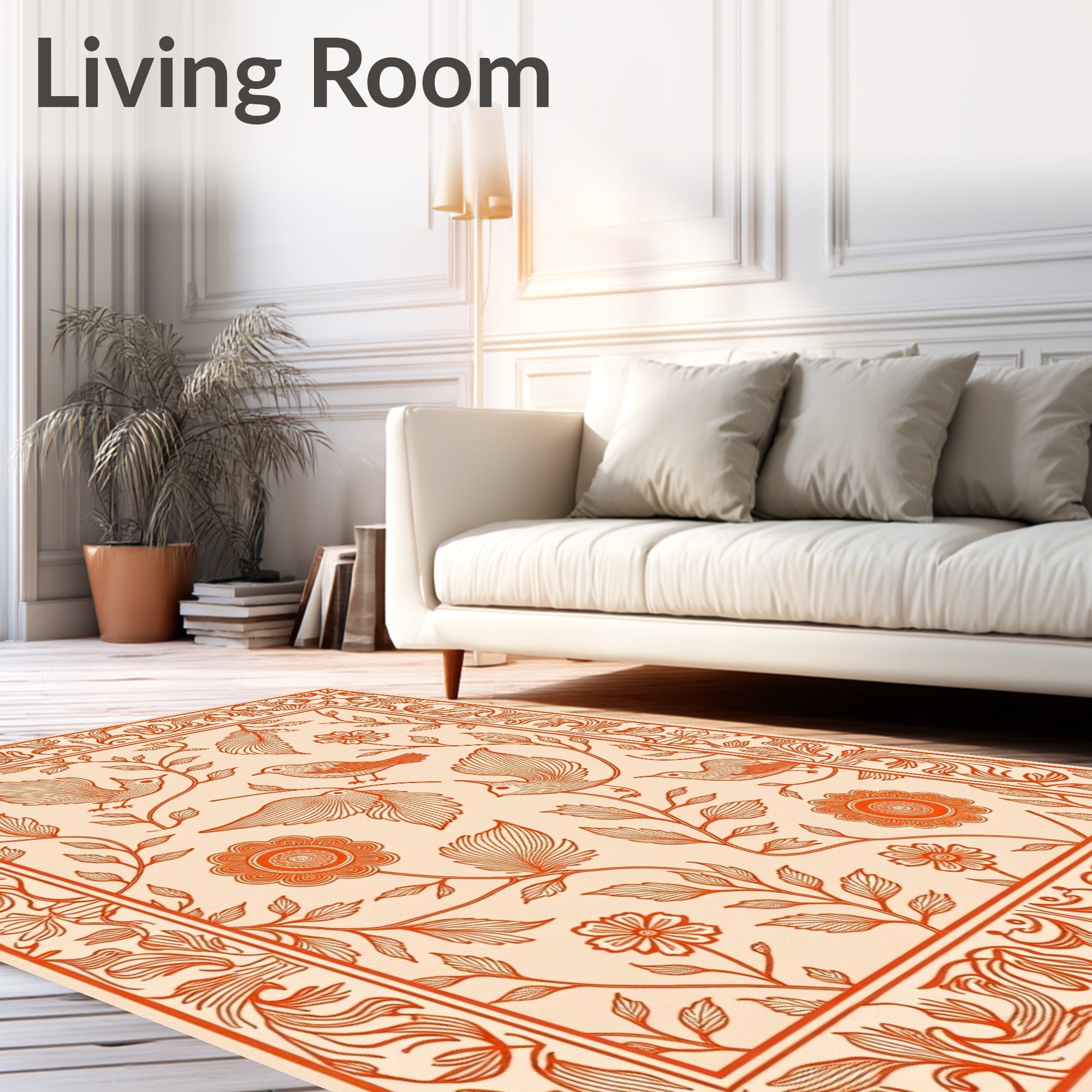 Coral Orange Avian Floral Border Rug