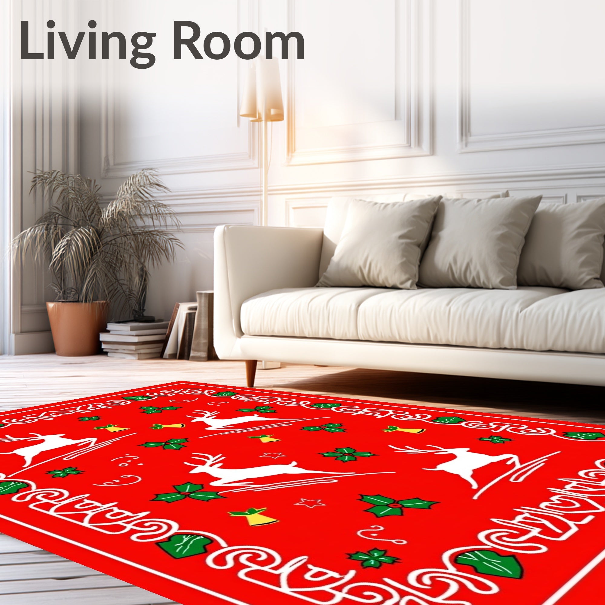 Red White Reindeer Holly Bell Fiesta Rug