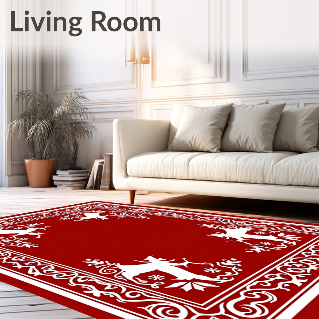 Festive Red Animal Scrollwork Corners Rug
