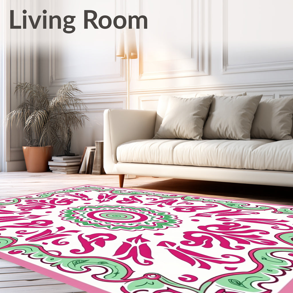 Fuchsia Mint Floral Frame Medallion Rug