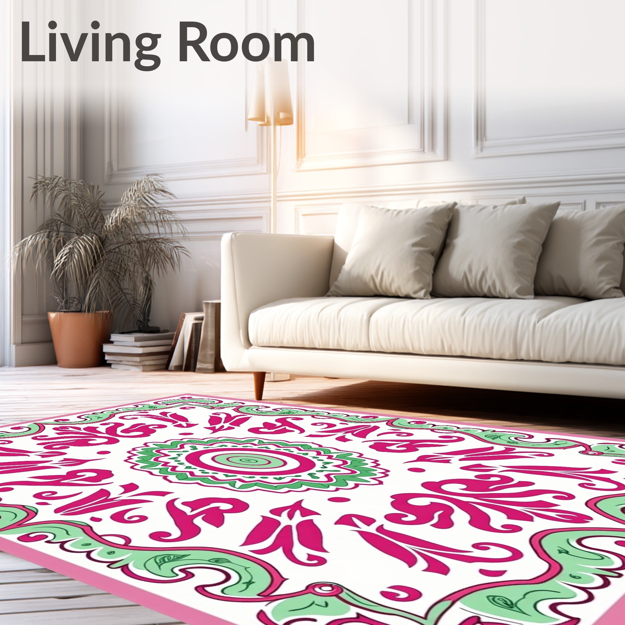 Fuchsia Mint Floral Frame Medallion Rug