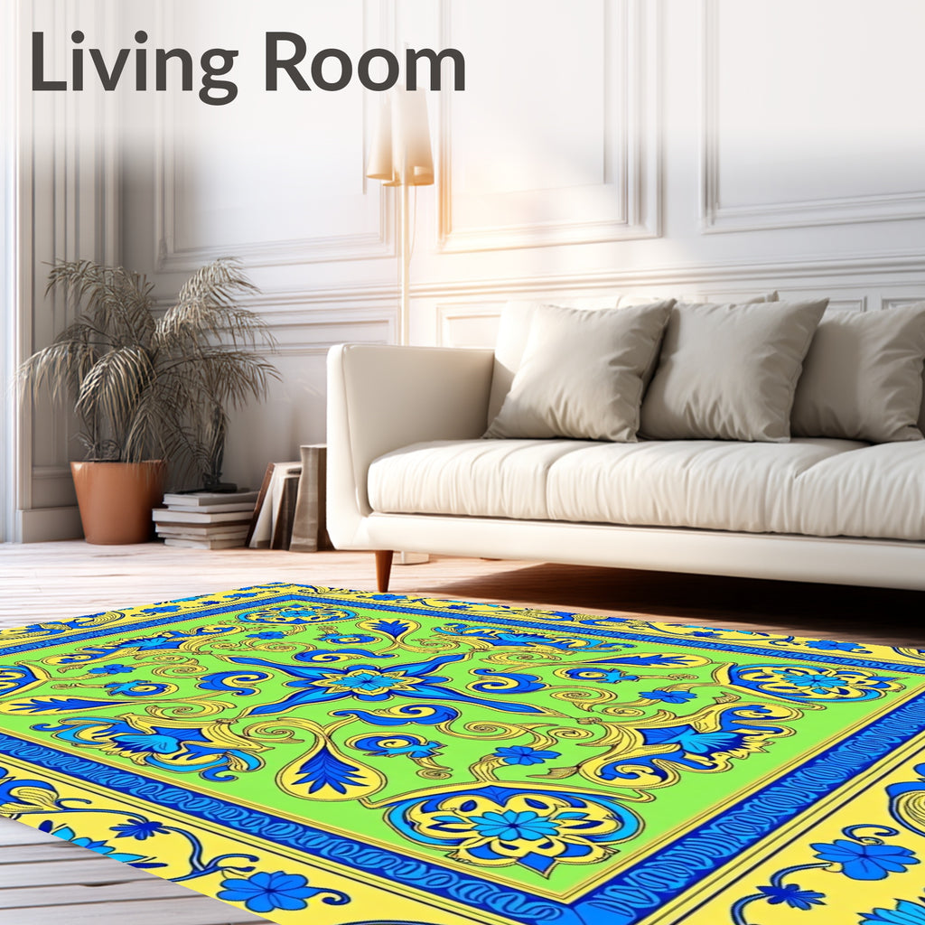Lively Blue Yellow Floral Symmetry Rug