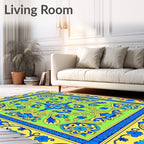 Lively Blue Yellow Floral Symmetry Rug