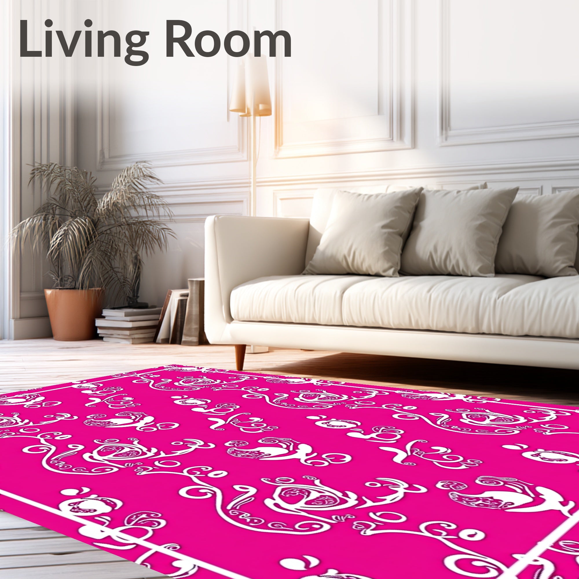 Fuchsia White Floral Swirl Art Rug