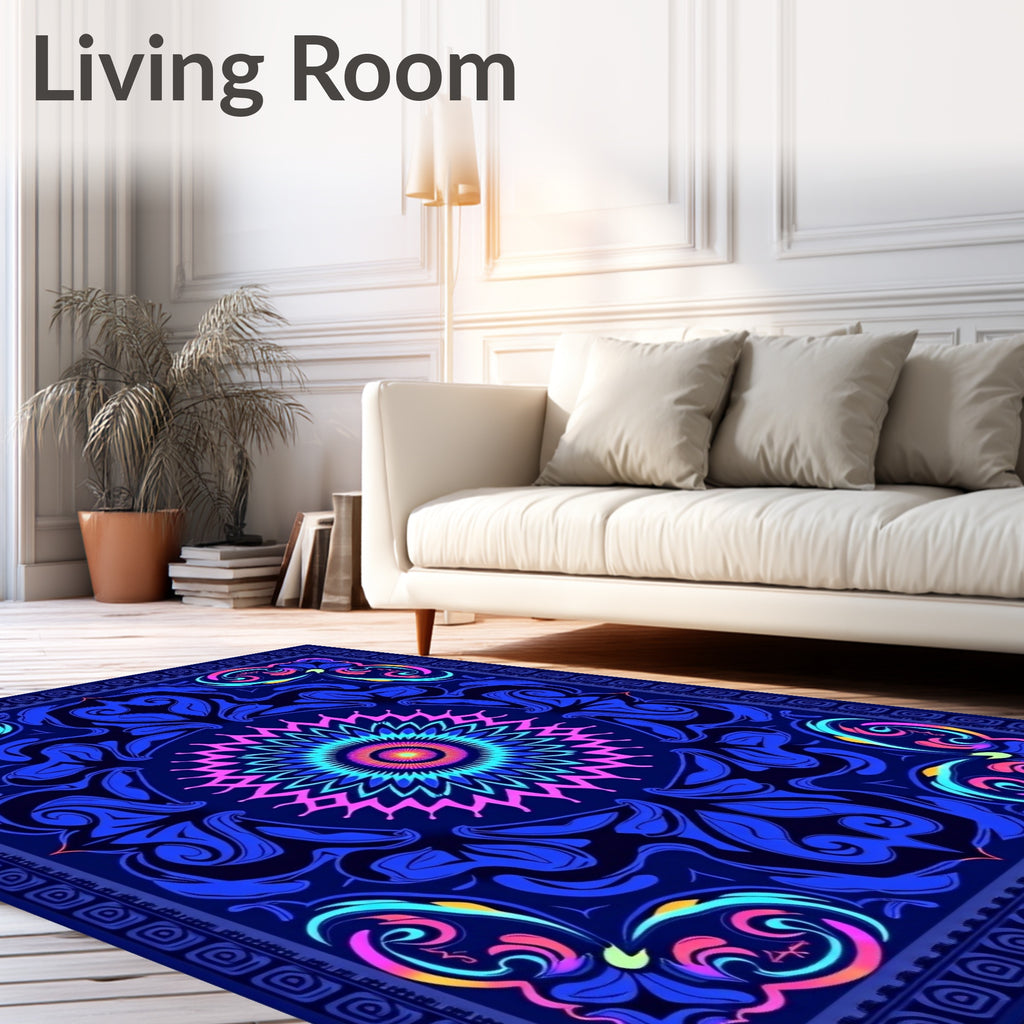 Vibrant Neon Blue Floral Mandala Rug