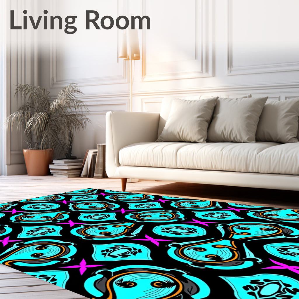 Vibrant Aqua Swirls Black Jewel Accents Rug