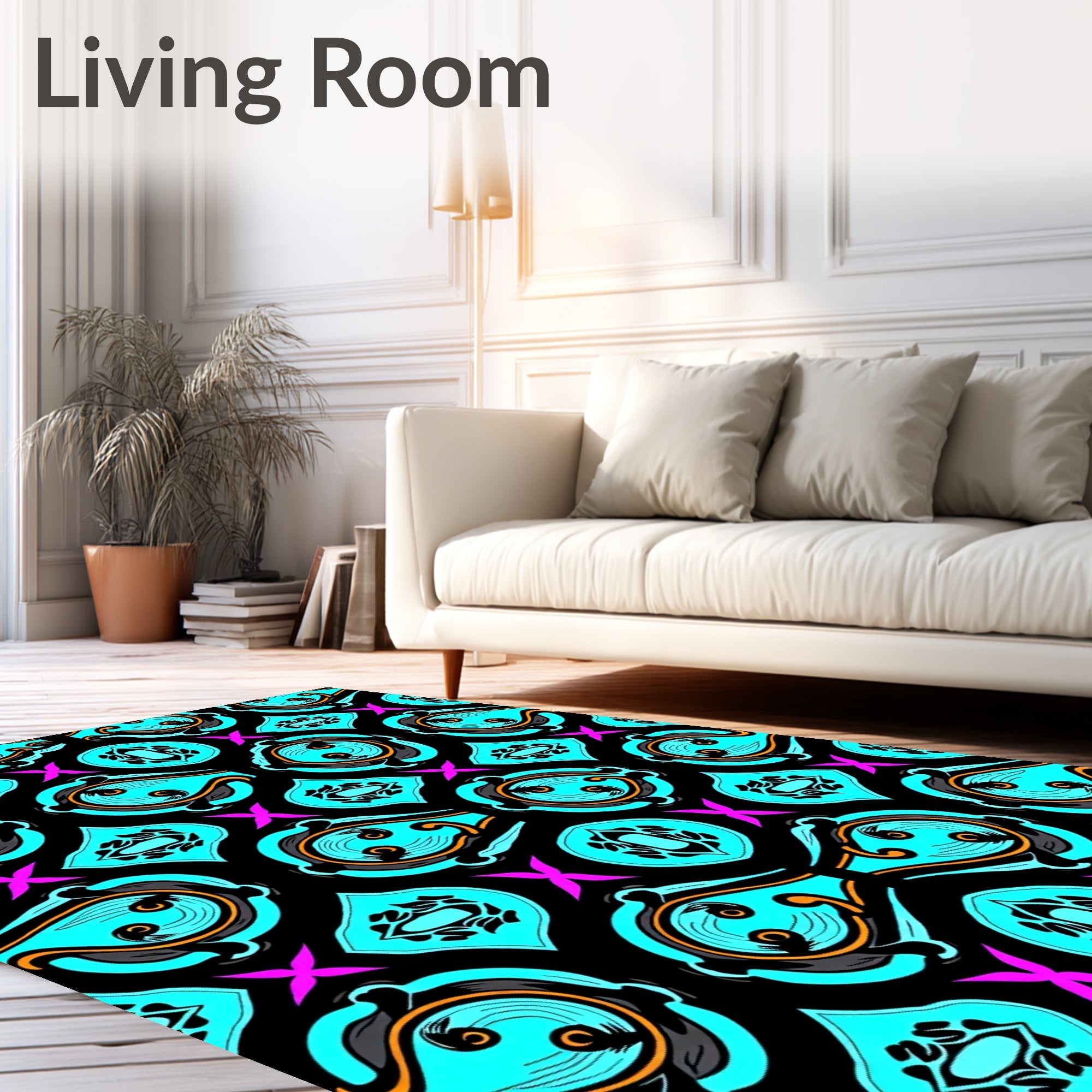 Vibrant Aqua Swirls Black Jewel Accents Rug