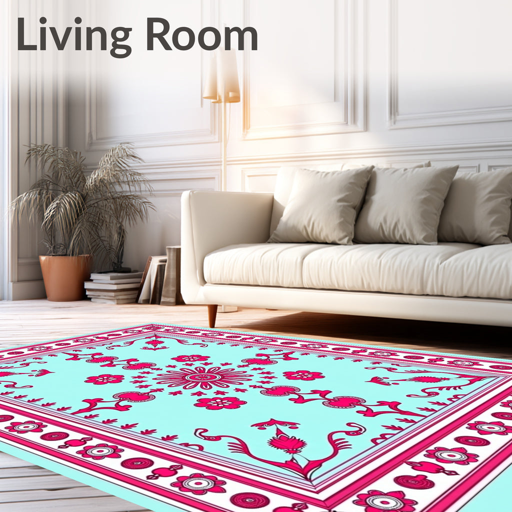 Pink Floral Medallion Cyan Border Rug