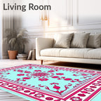 Pink Floral Medallion Cyan Border Rug