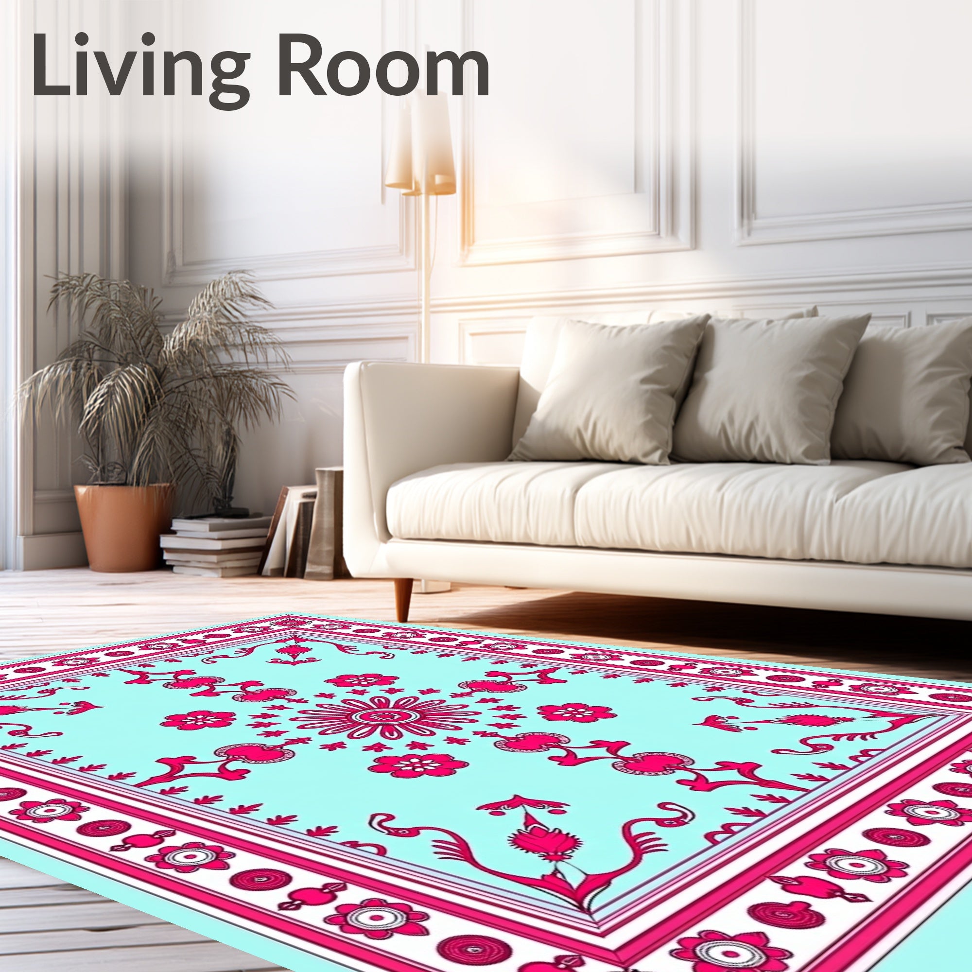 Pink Floral Medallion Cyan Border Rug