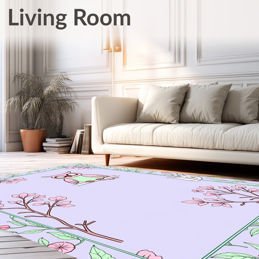 Whimsical Pink Owl Floral Border Rug