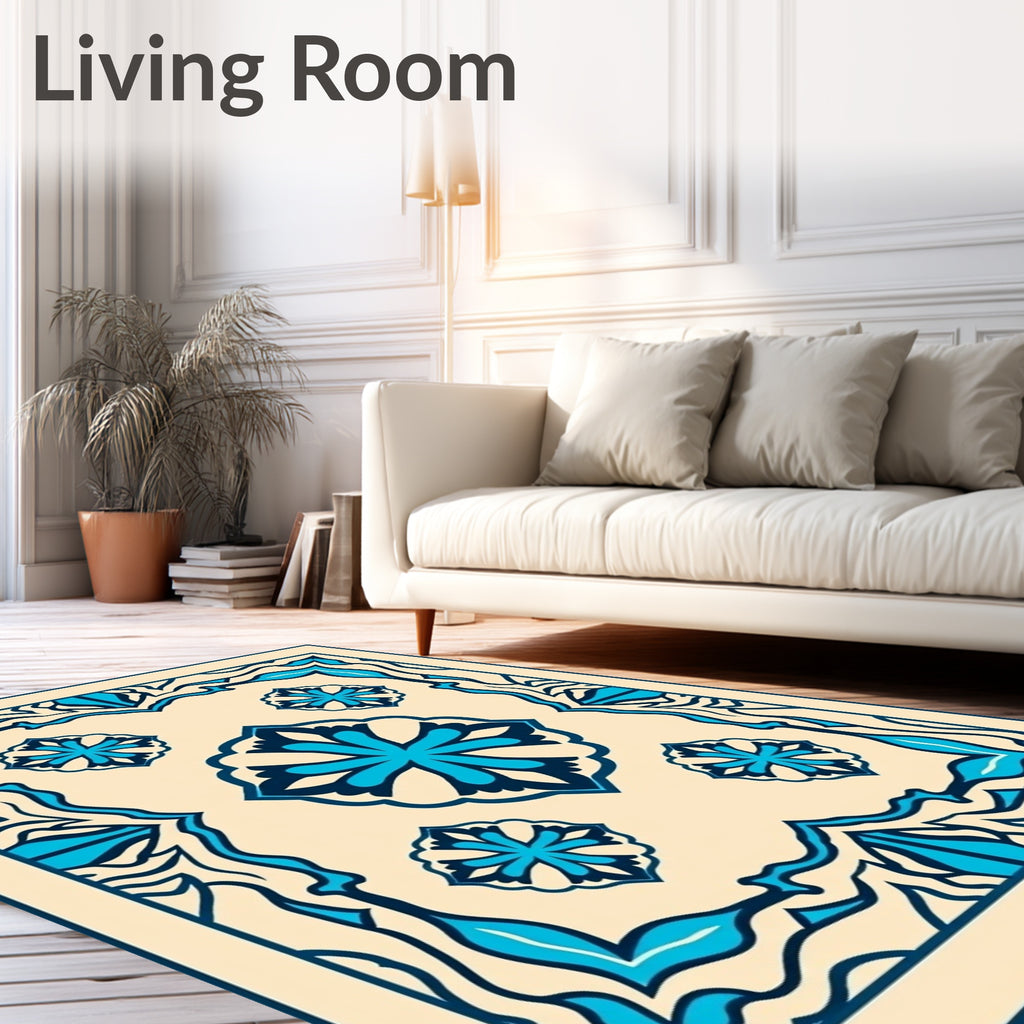 Cream Blue Floral Medallion Border Rug