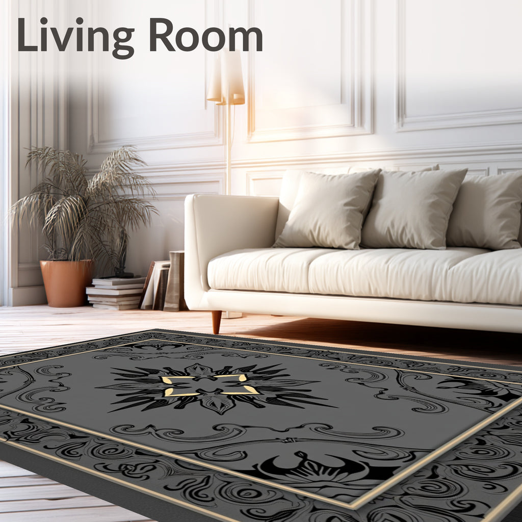 Gray Black Floral Crest Medallion Rug