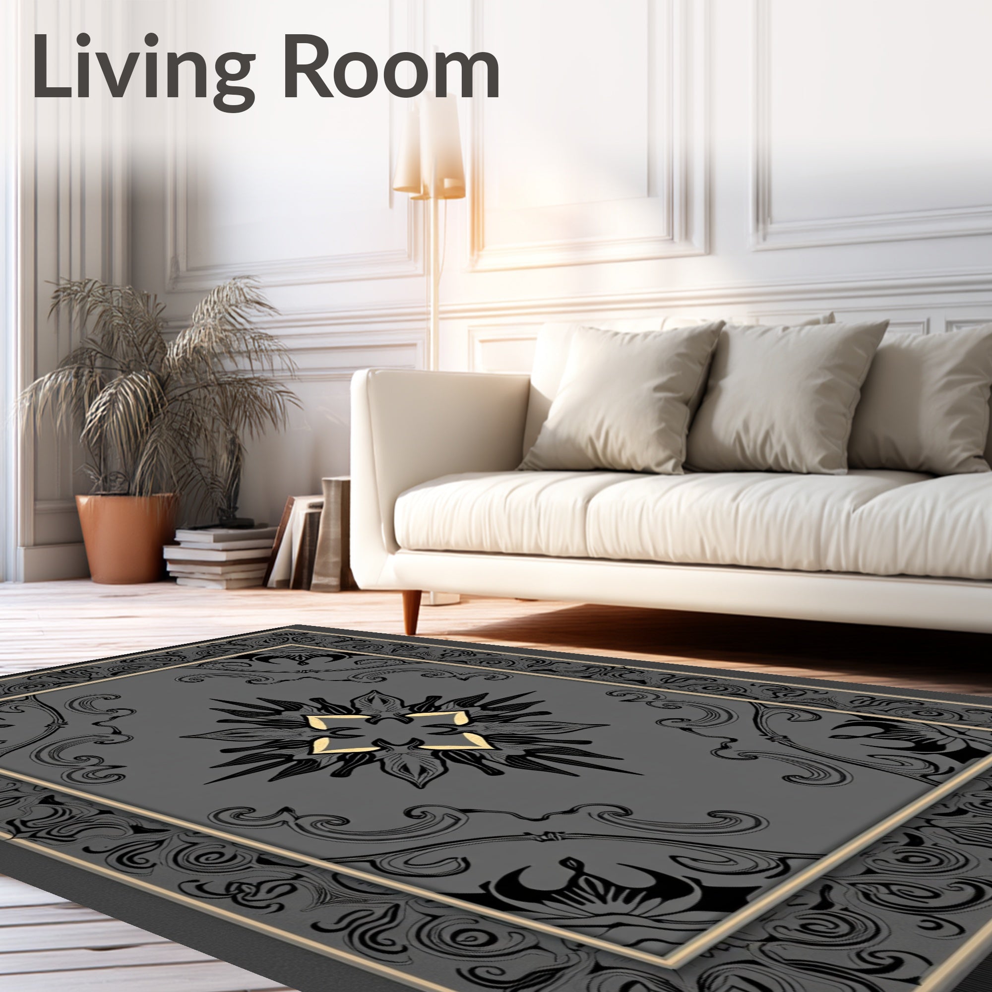 Gray Black Floral Crest Medallion Rug