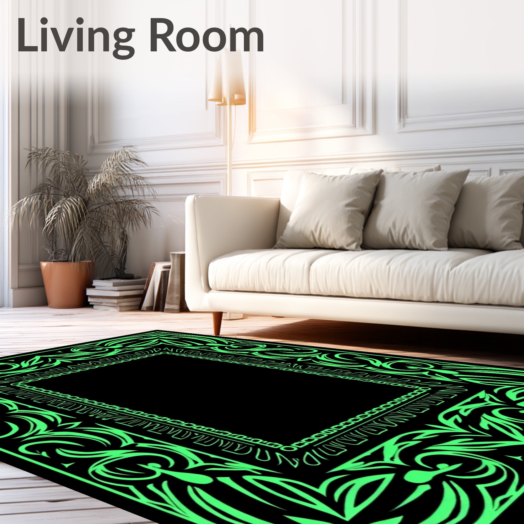 Vibrant Neon Green Ornate Border Rug