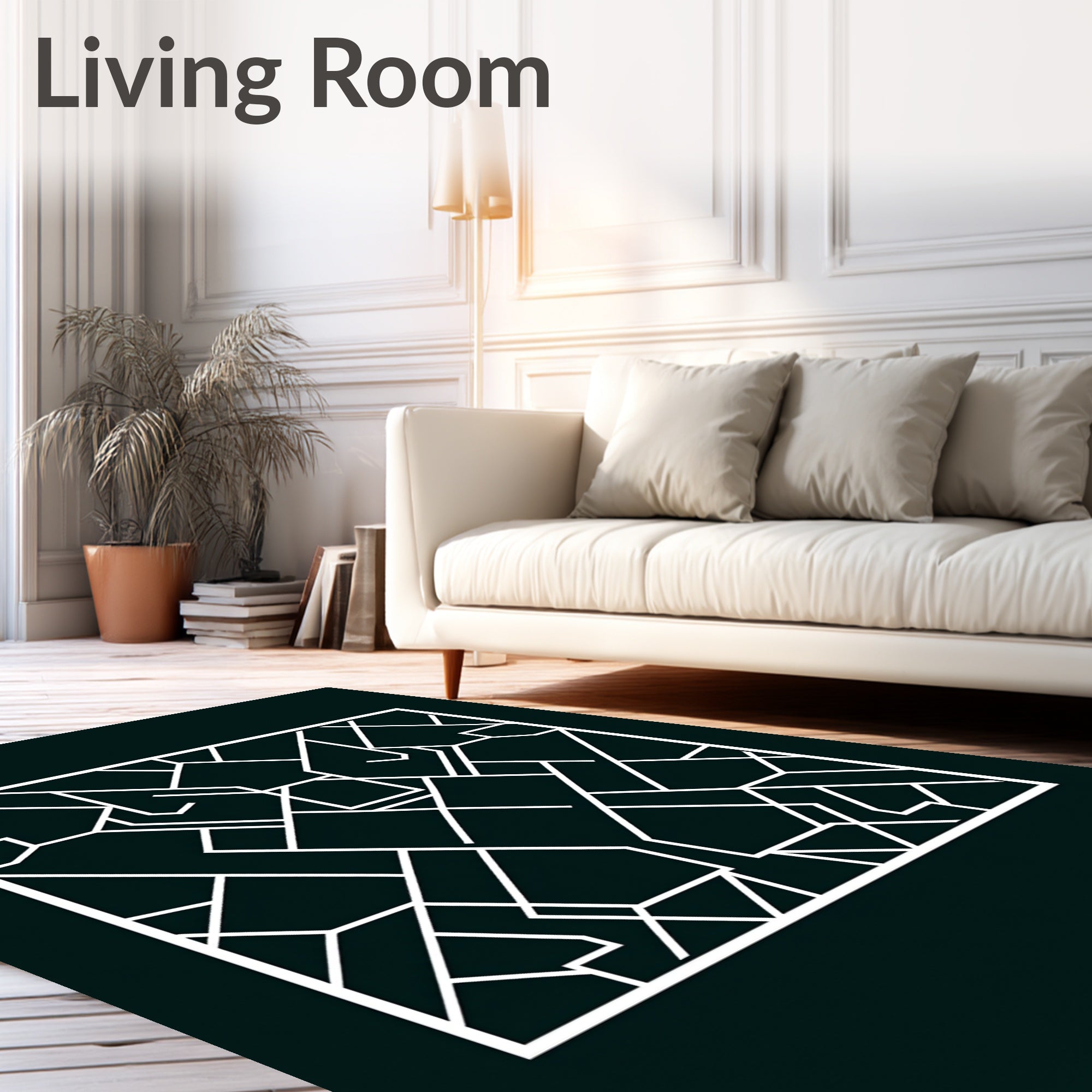 Geometric White Inlay Framing Dark Rug