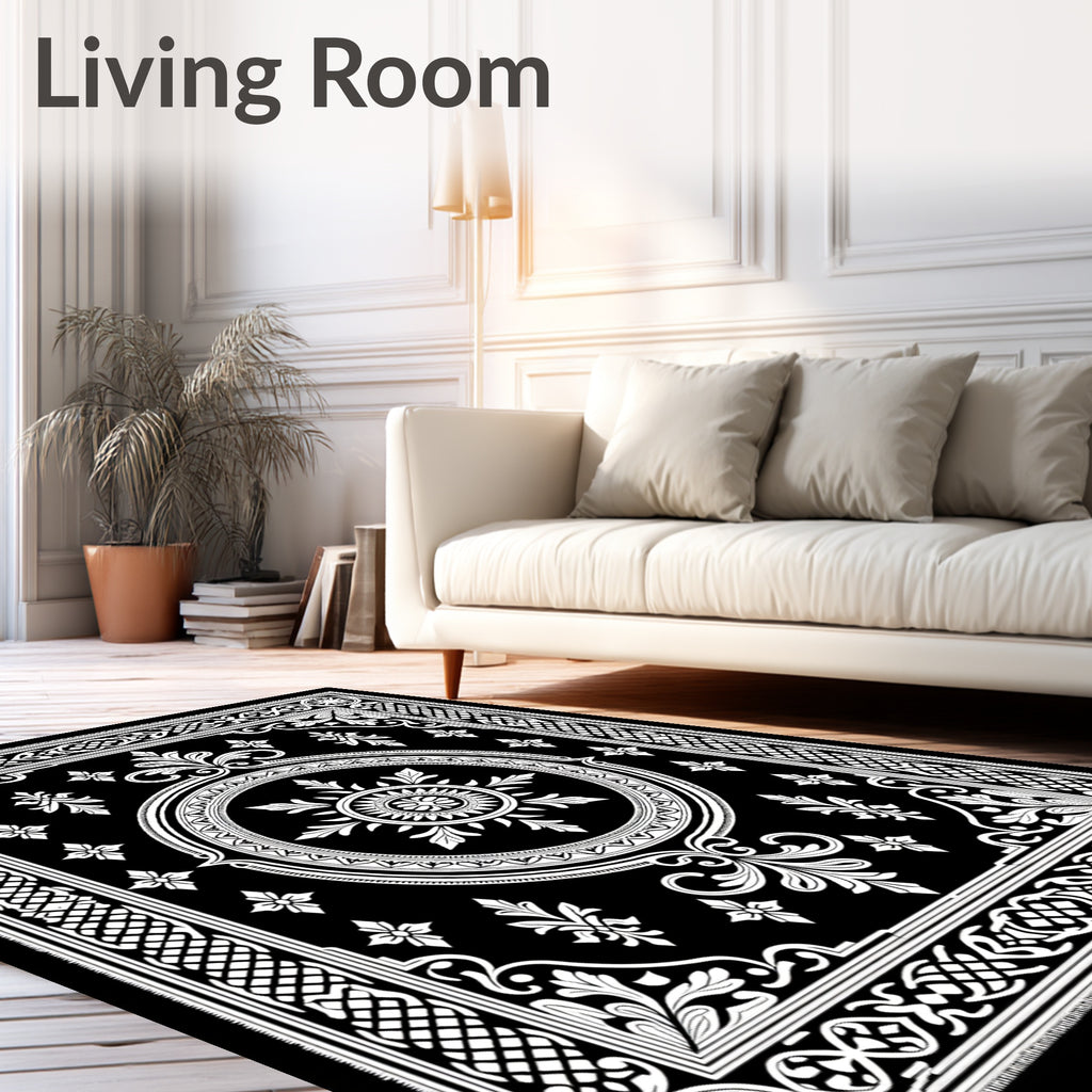 Grand Black White Floral Medallion Rug