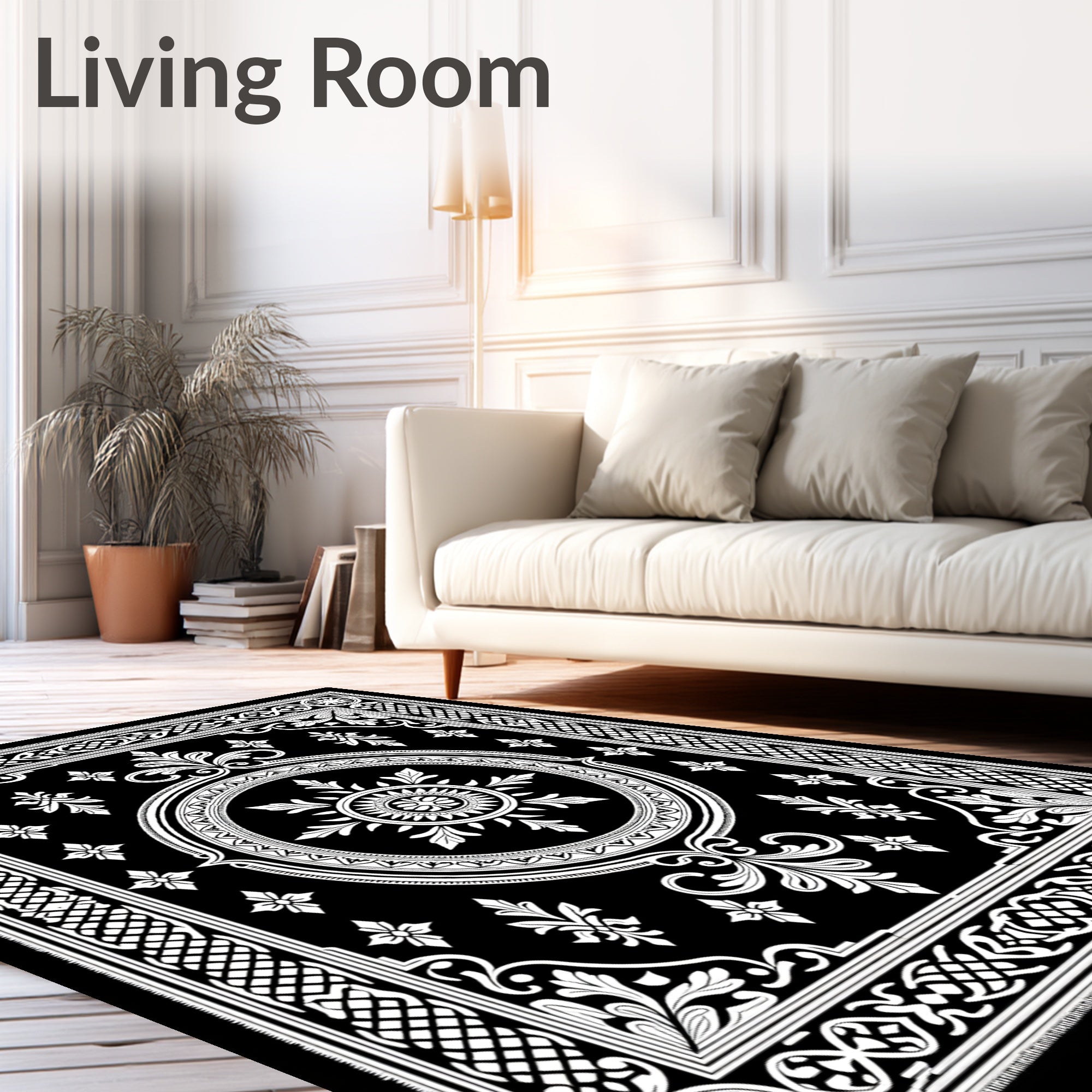 Grand Black White Floral Medallion Rug