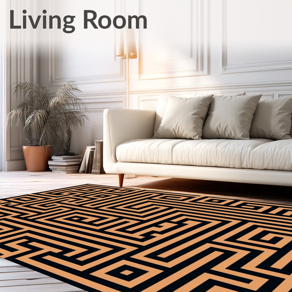 Orange Black Maze Geometry Rug