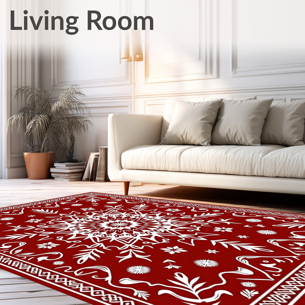 Deep Red Central Medallion Floral Frame Rug