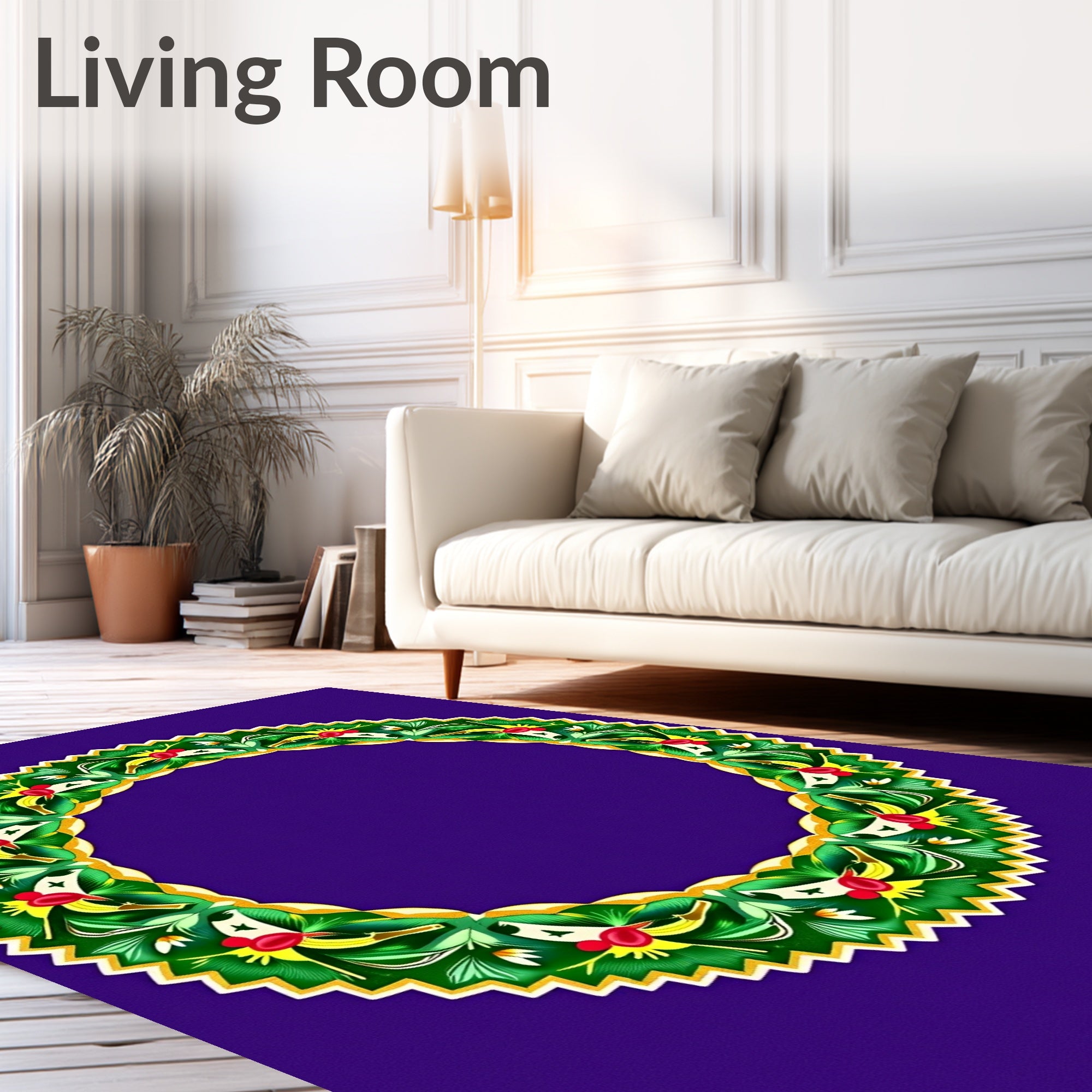 Vibrant Green Floral Wreath Round Rug