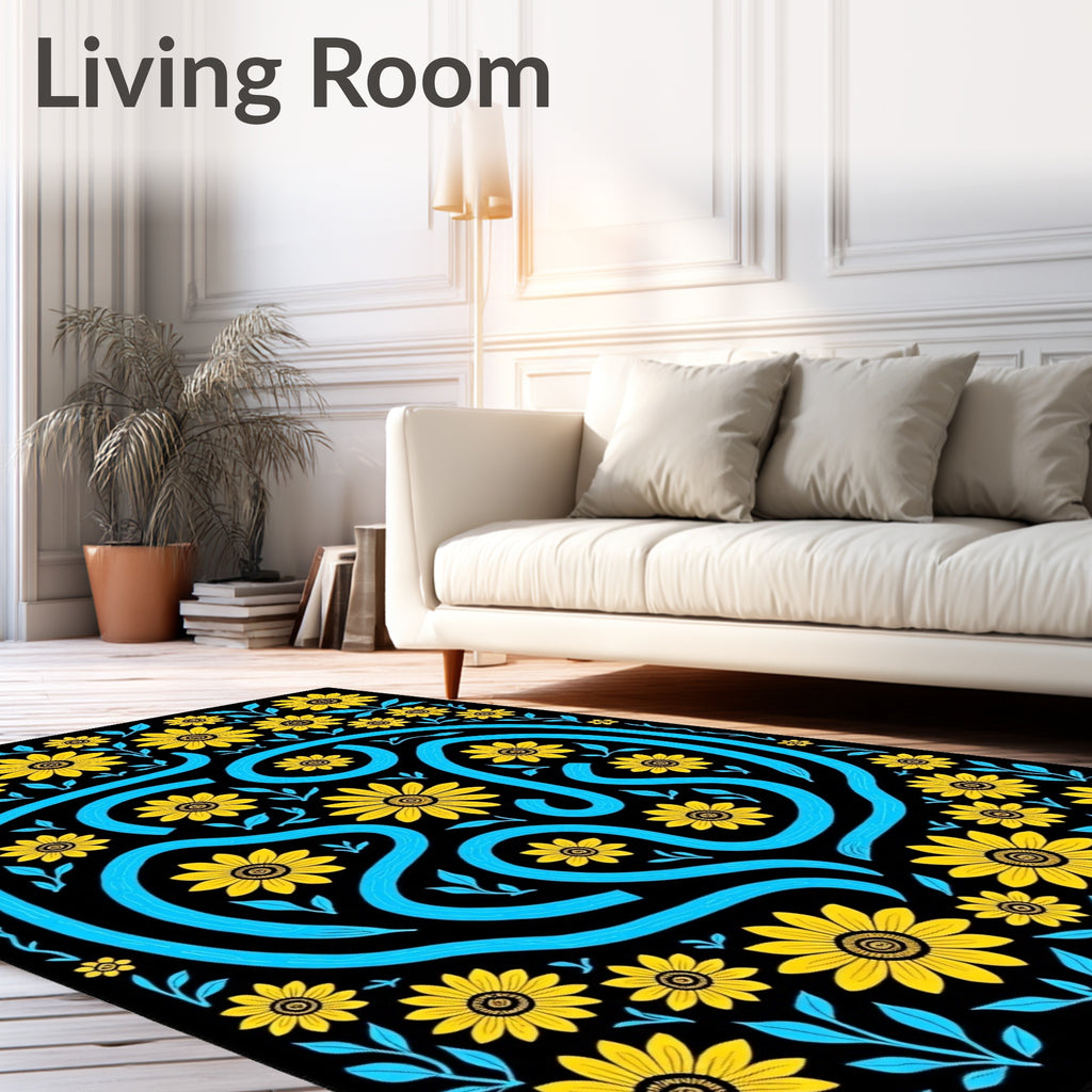 Bold Yellow Sunflower Floral Swirl Rug