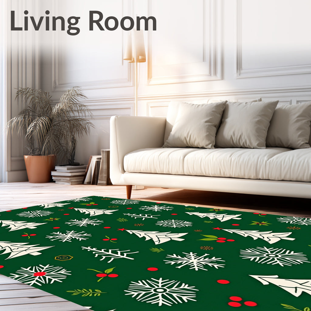 Holiday Trees Snowflakes Holly Berries Red Rug