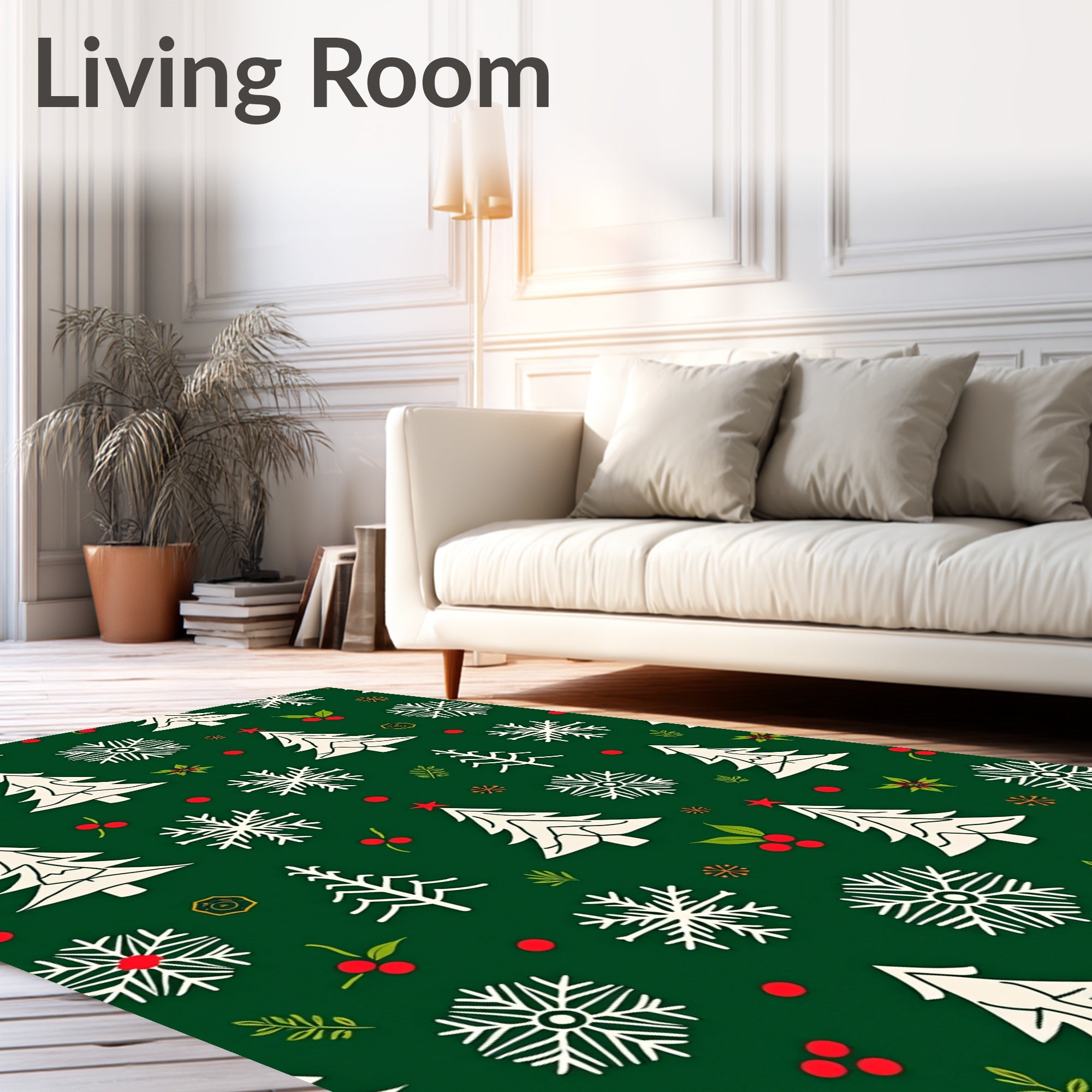 Holiday Trees Snowflakes Holly Berries Red Rug
