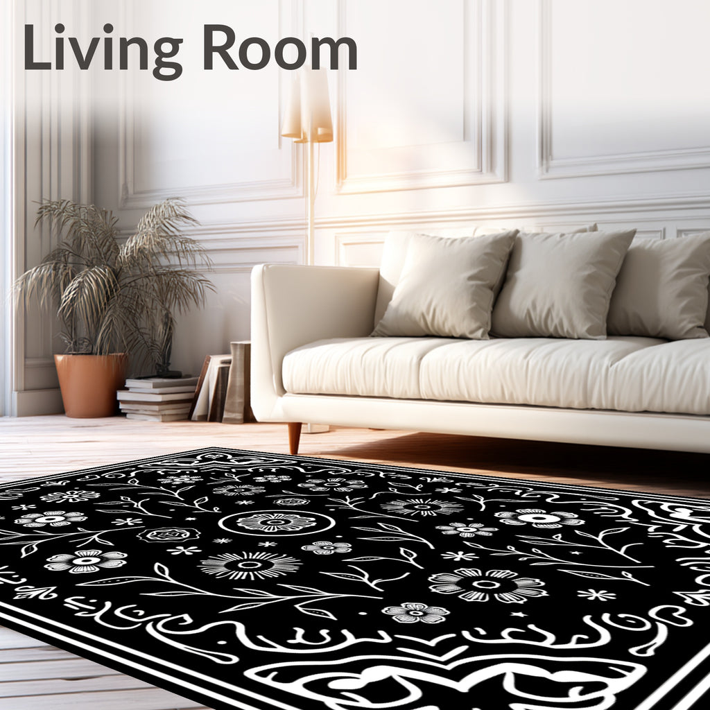 Black White Floral Botanical Artistry Rug