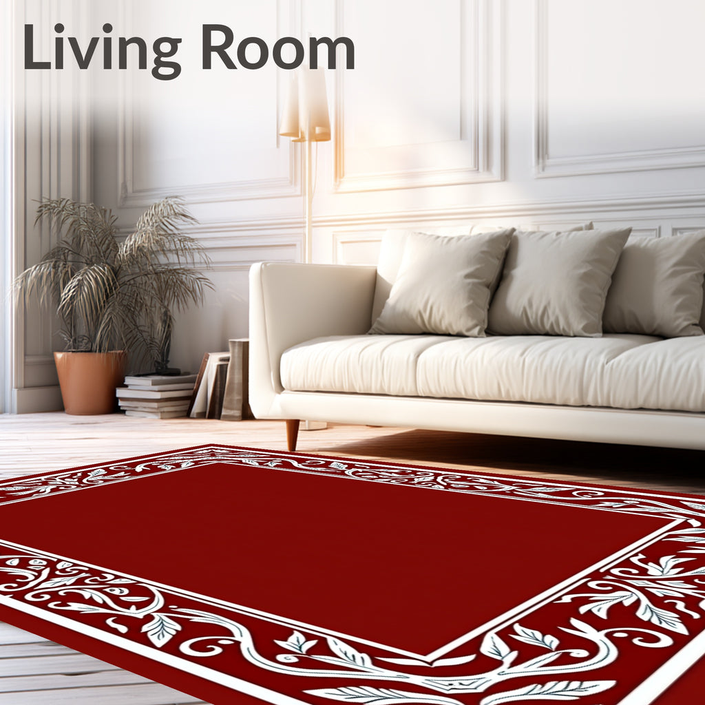 Ornate Red Leaf Vine Border Rug