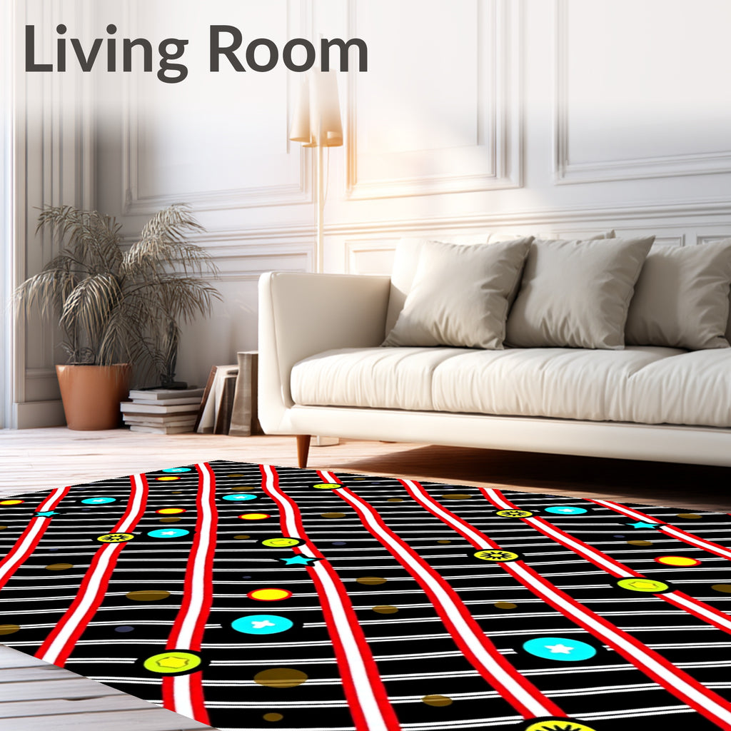 Bold Red Striped Celestial Scattered Icons Rug