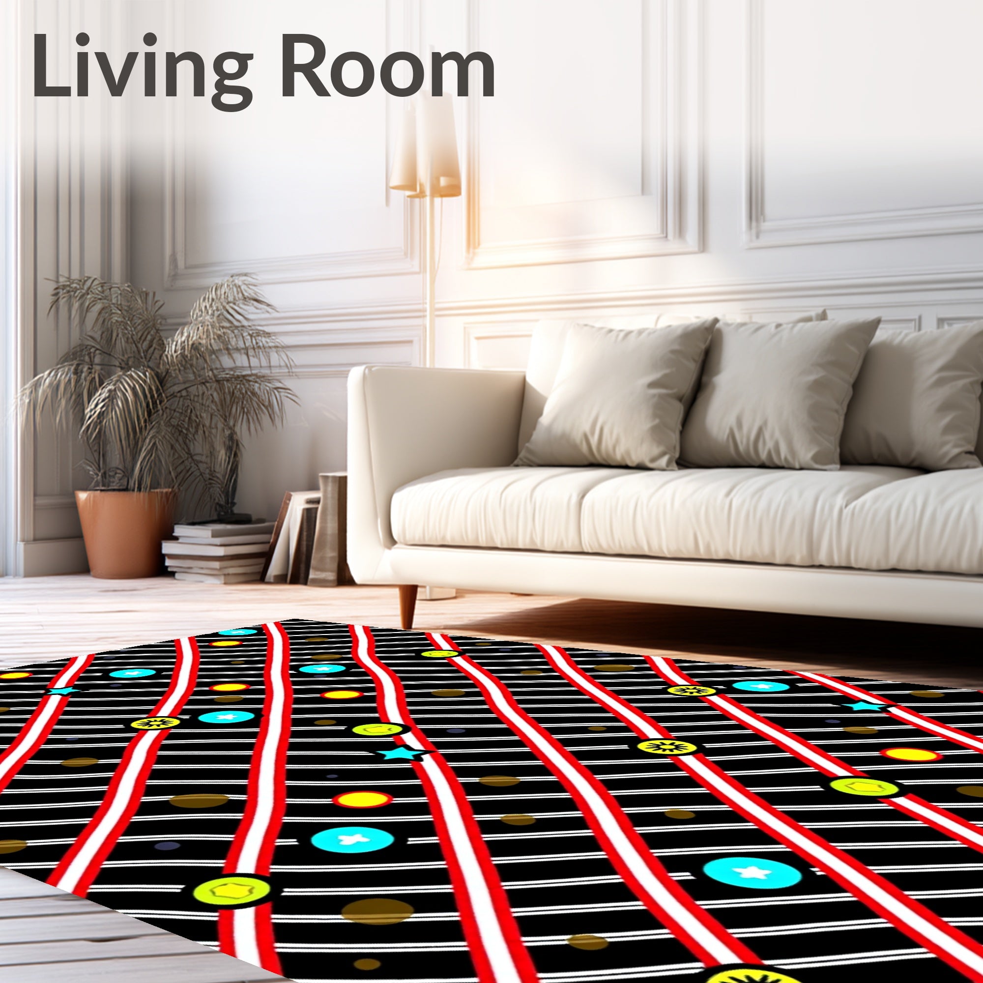 Bold Red Striped Celestial Scattered Icons Rug