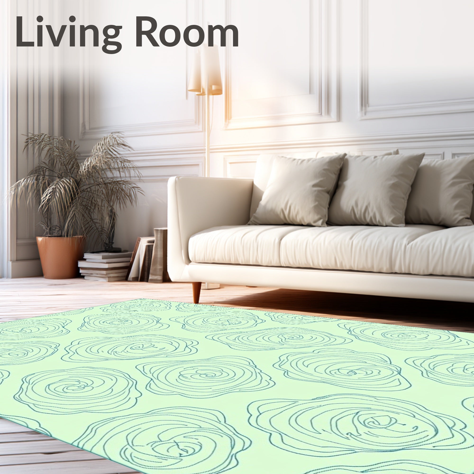 Teal Outline Flowers on Pale Green Background Rug